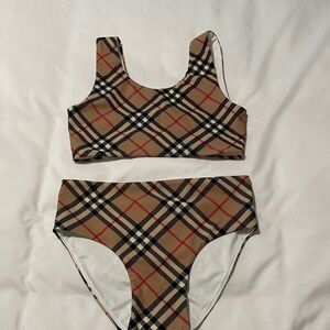 Burberry Tan Plaid Kids Bikini Set with Black and Red Accents